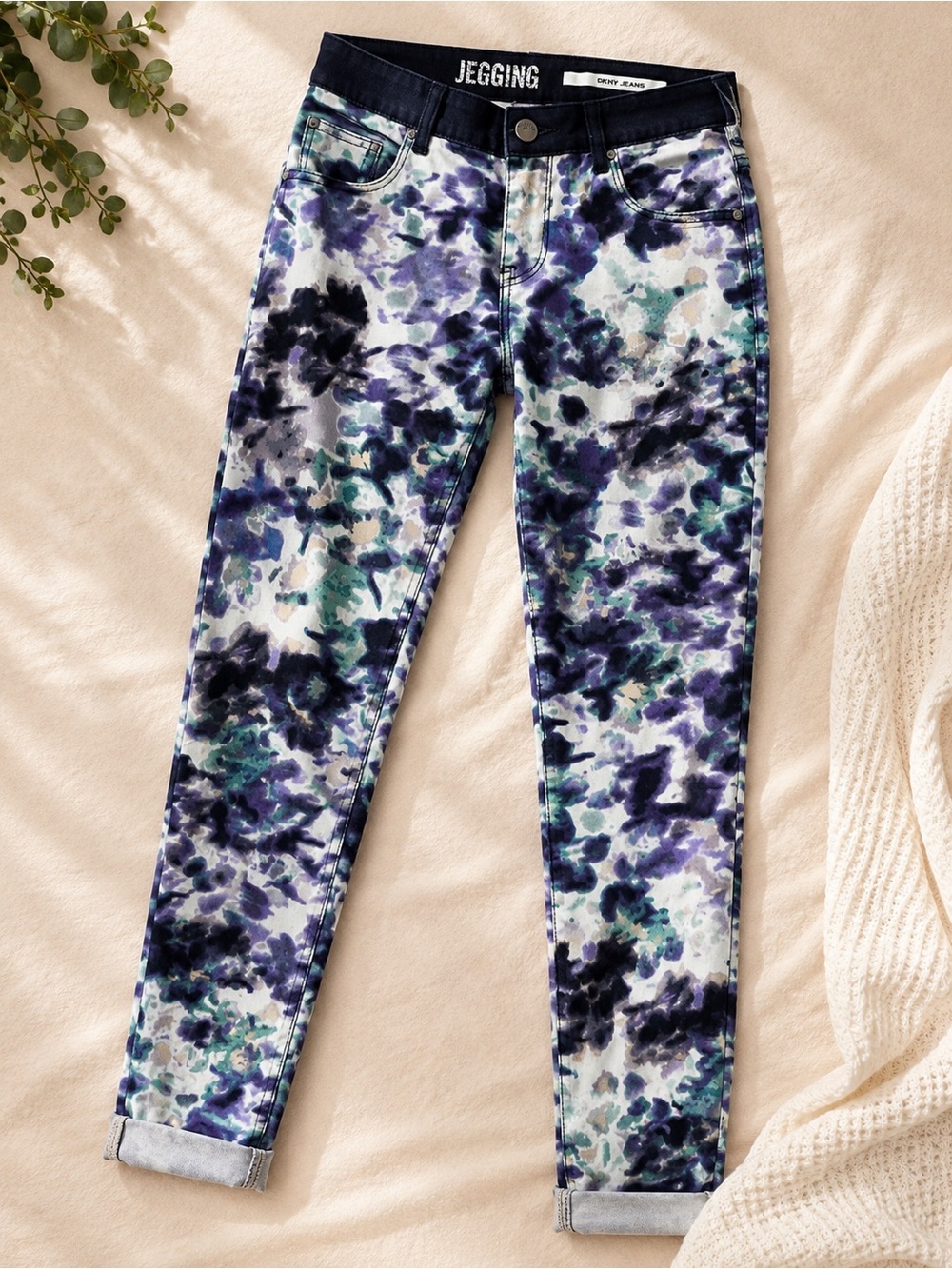 DKNY Blue Multi Watercolor Print Jeggings